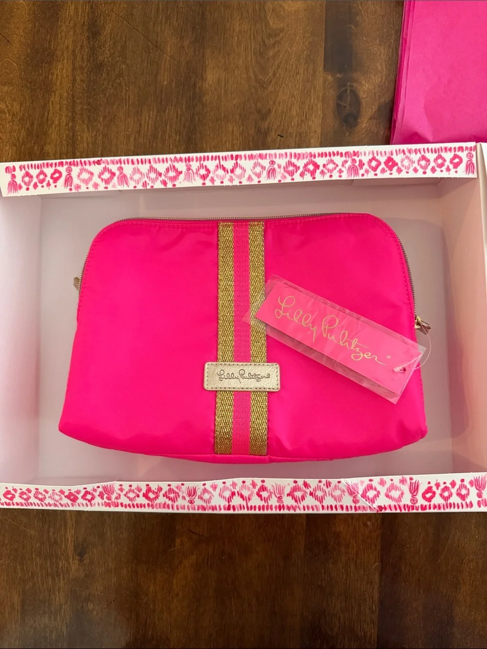 Lilly Pulitzer Neon Pink Cosmetic Pouch with Gold Center Stripe